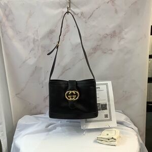 GUC Gucci Vintage Black Leather Shoulder Bag